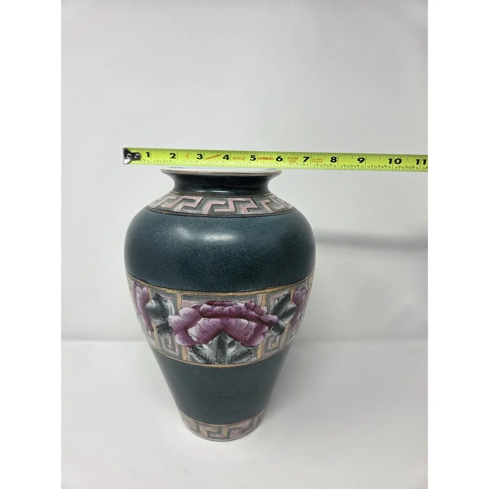 Vintage Japanese Style Porcelain‎ Vase Green Cloisonne Look Pink Floral 10